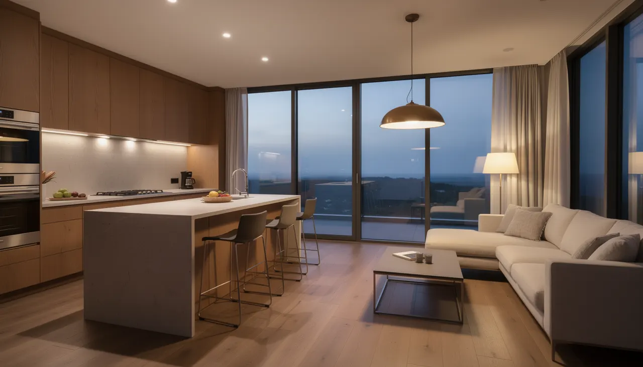 Intérieur cuisine avec éclairage neutre et salon chaud