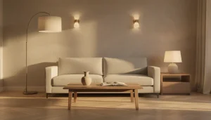 Salon cosy avec lampadaire, appliques et lampe à poser allumées