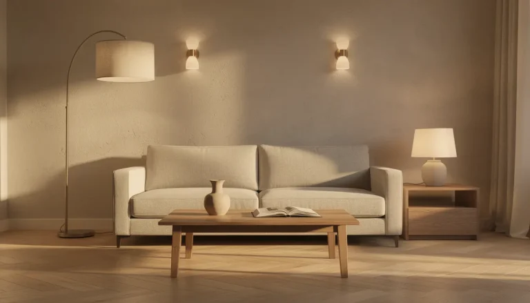 Salon cosy avec lampadaire, appliques et lampe à poser allumées