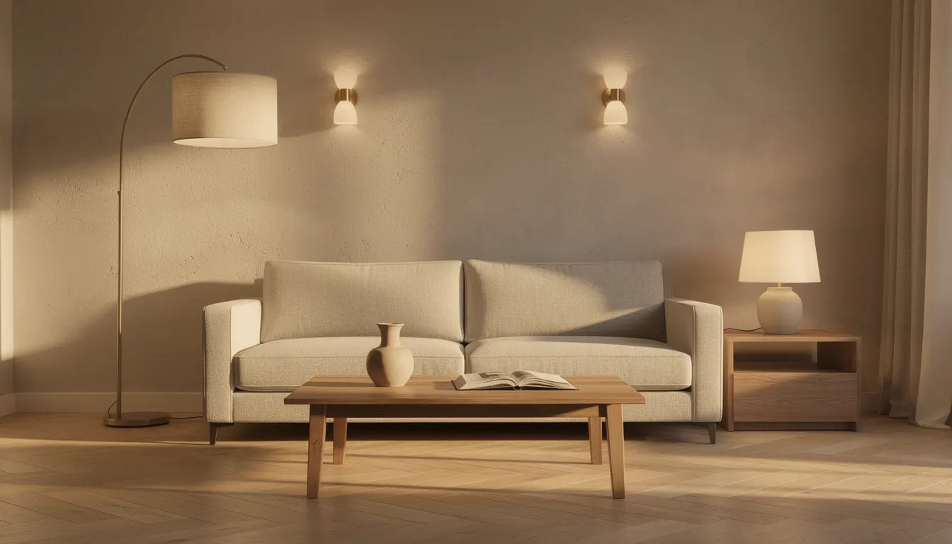 Salon cosy avec lampadaire, appliques et lampe à poser allumées