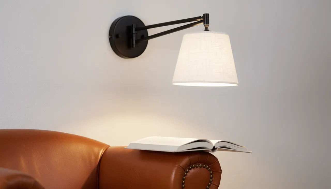 Applique murale noire bras articulé au-dessus d'un fauteuil en cuir