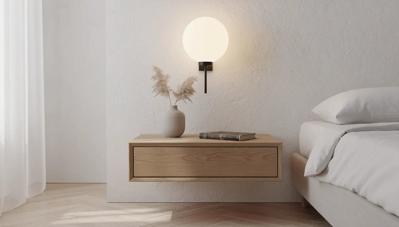 Applique murale noire avec globe verre au-dessus table chevet