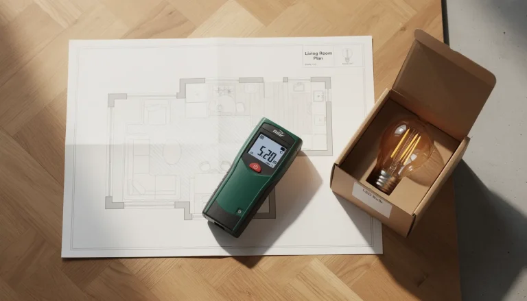 Plan de pièce avec mesure laser et ampoule