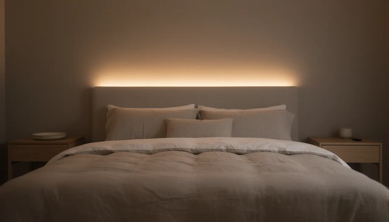 Chambre avec éclairage indirect derrière tête de lit
