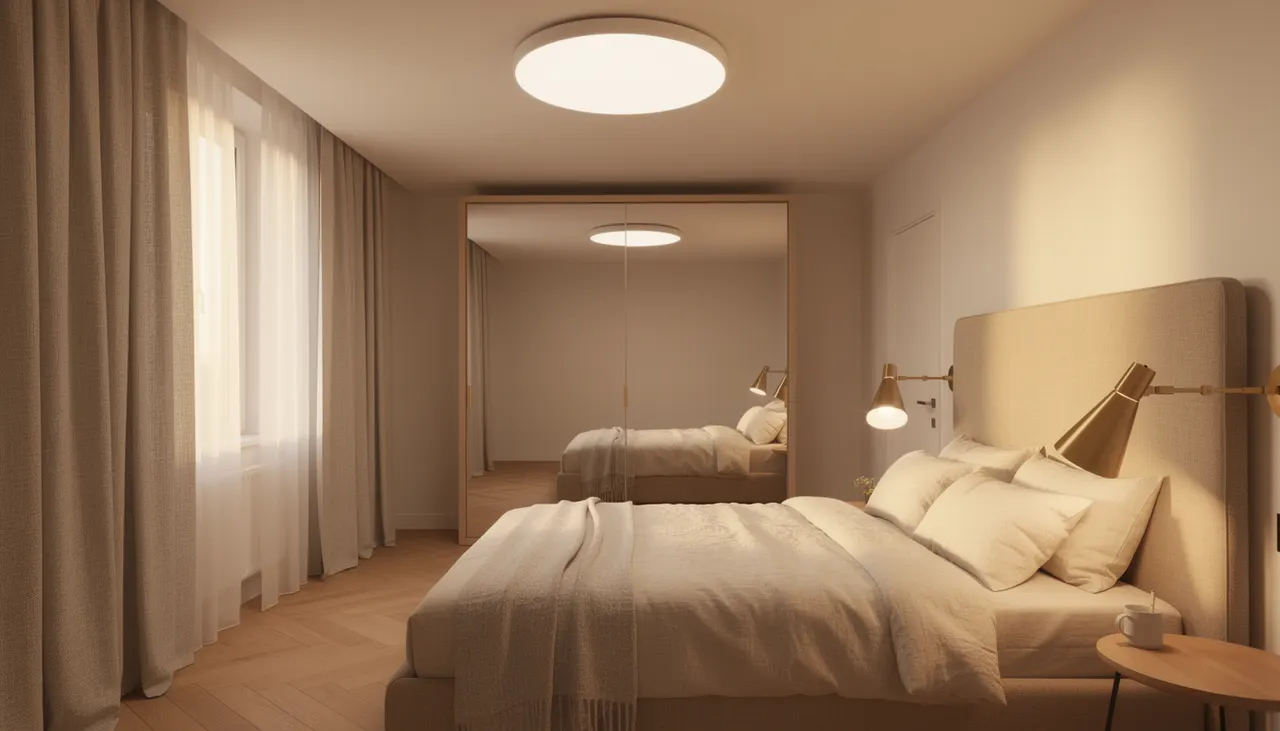 Chambre plafond bas avec plafonnier plat et liseuses