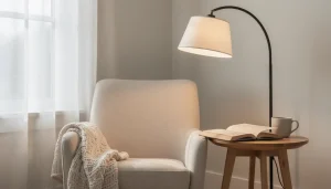 Fauteuil confortable avec lampadaire arc au-dessus d'une table d'appoint