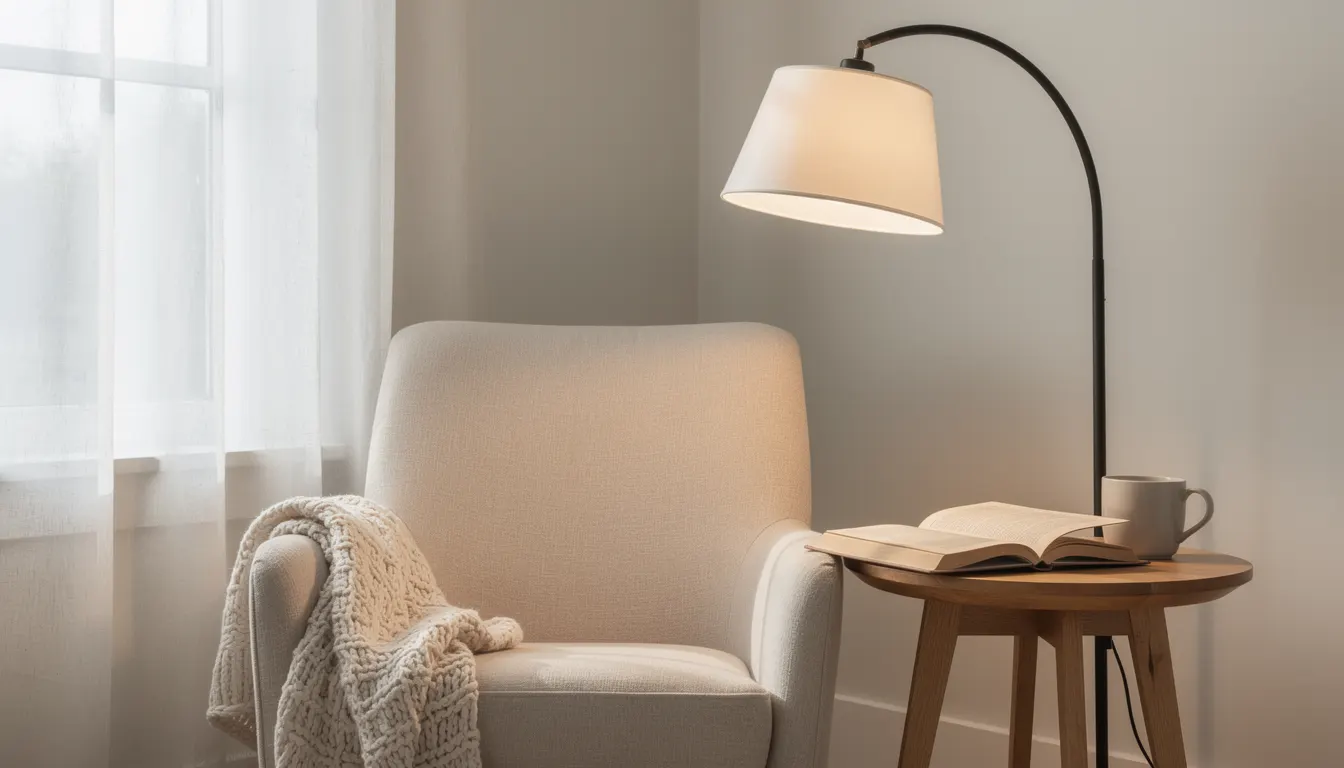 Fauteuil confortable avec lampadaire arc au-dessus d'une table d'appoint