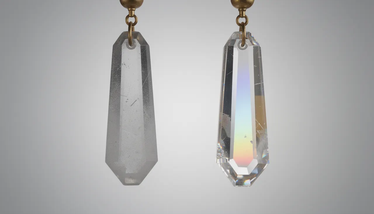 Détail pampilles cristal propre vs sale