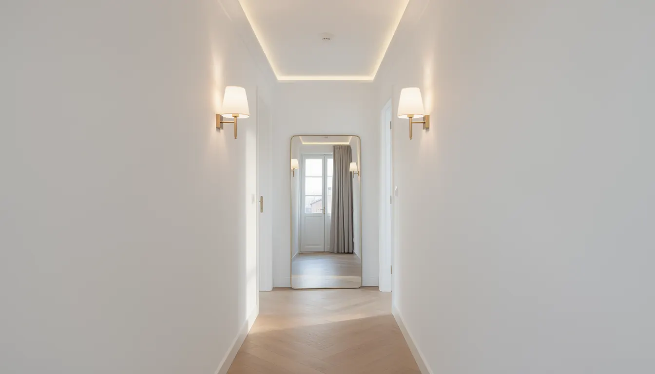 Couloir clair avec appliques murales allumées