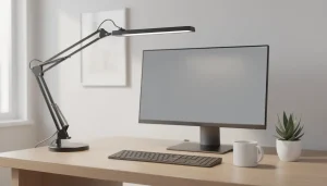 Bureau épuré avec lampe de tâche allumée près d'un écran