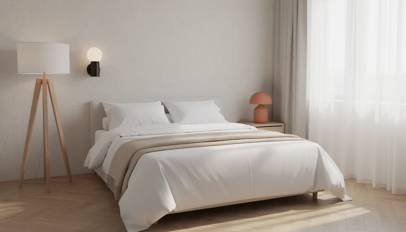 Chambre lumineuse avec applique murale et lampadaire
