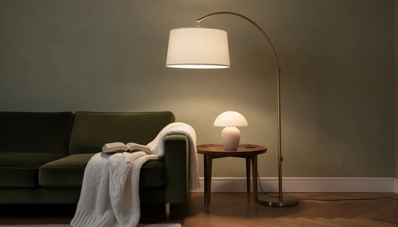 Lampadaire arc laiton près d'un canapé velours avec lumière chaude