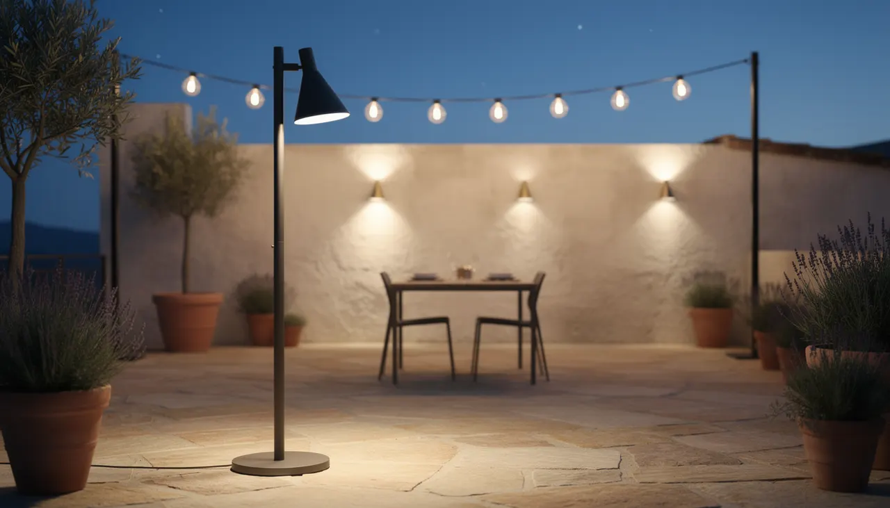 Terrasse soirée avec guirlande, appliques murales et lampadaire extérieur