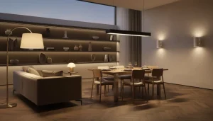Grand salon lumineux avec suspensions, lampadaires et appliques allumés
