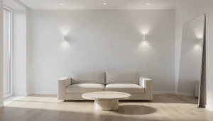 Salon plafond bas avec appliques murales et spots encastrés