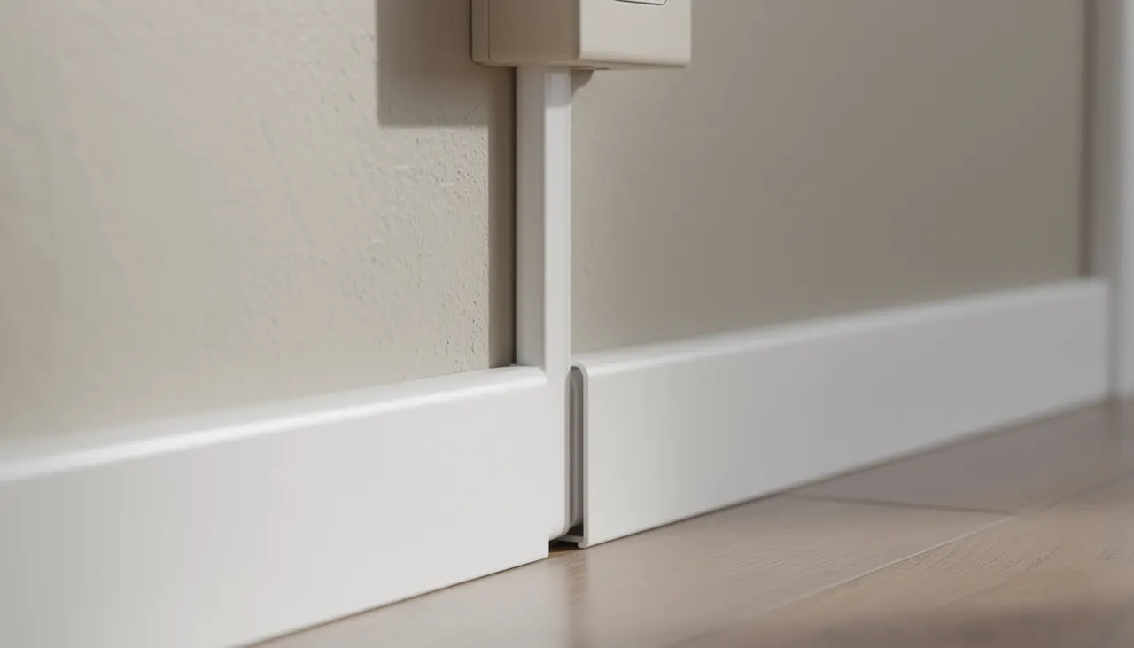 Goulotte blanche peinte sur mur beige le long d'une plinthe