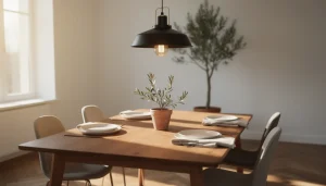 Suspension design au-dessus d'une table en bois