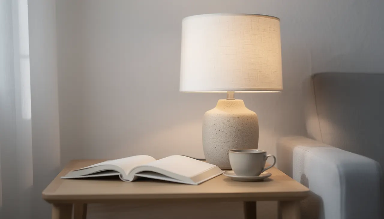 Lampe de table en céramique beige sur table en chêne près d'un fauteuil
