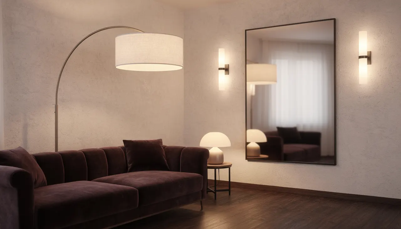 Coin salon avec lampadaire arc, appliques murales et lampe table allumées