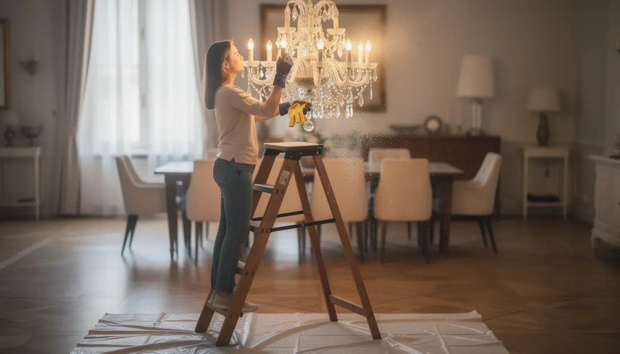 Personne sur échelle nettoyant lustre gant