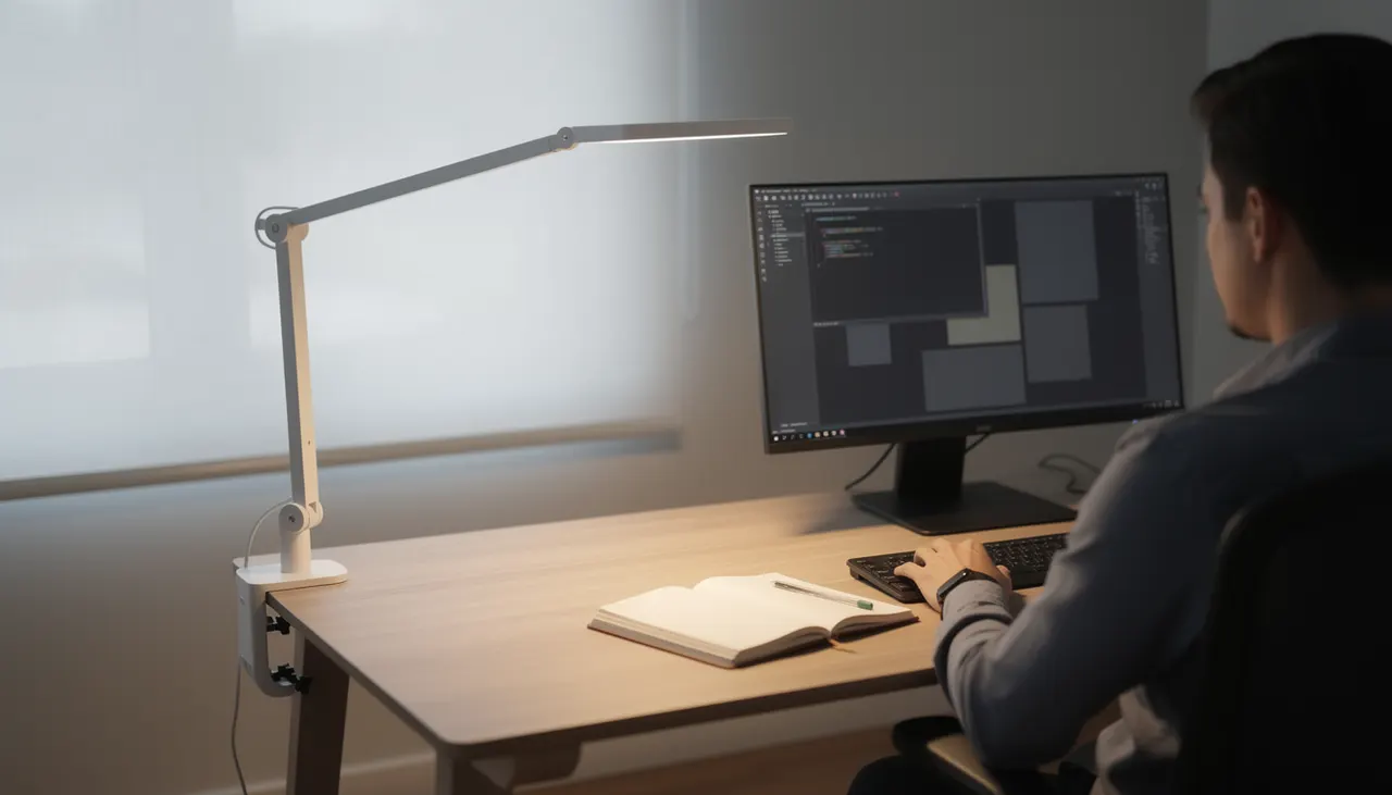 Lampe de bureau orientée latéralement sans reflet sur écran