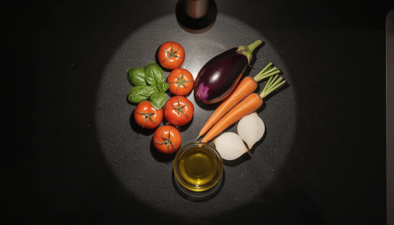 Plan de travail éclairé par lumière chaude montrant légumes colorés