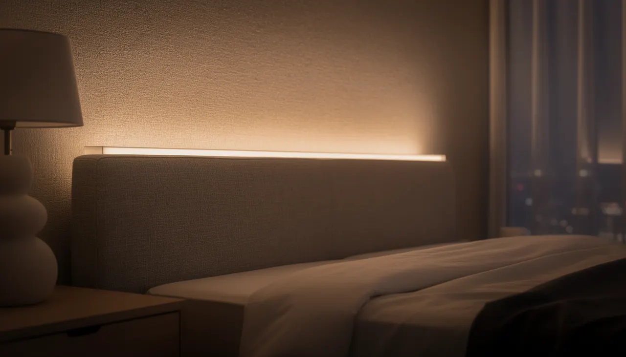 Ruban LED derrière tête de lit allumé lumière chaude