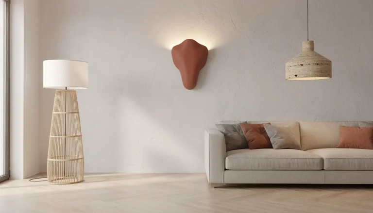 Séjour lumineux avec lampadaire rotin, applique céramique et suspension pierre