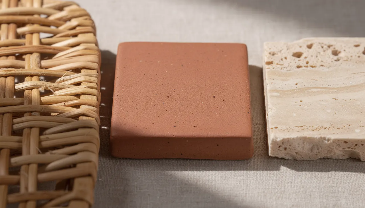 Détail texture rotin, céramique terracotta et pierre travertin côte à côte